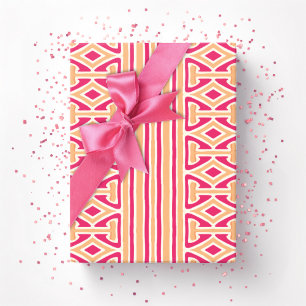 Papel De Presente Faixa de Treliça Pintada em Rosa e Laranja