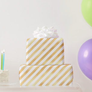 Papel De Presente Faixa Diagonal Branca Dourada Glam