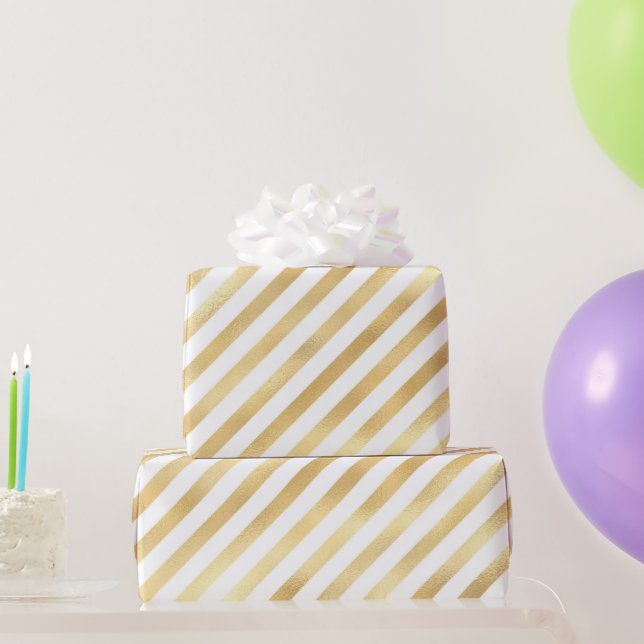 Papel De Presente Faixa Diagonal Branca Dourada Glam (Presentes para festas)