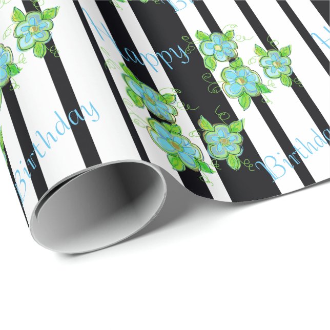 Papel De Presente Faixa Preta com Floral Azul (Ponta do rolo)