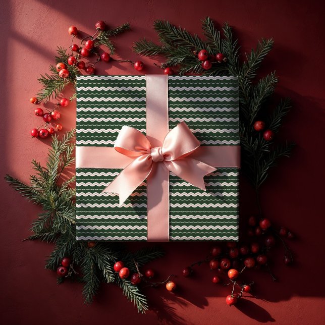 Papel De Presente Faixa Verde e Rosa Mínima Moderna (Modern Minimal Retro Wavy Green & Pink Stripe Wrapping Paper)