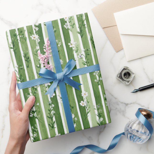 Papel De Presente Faixas Verdes Flores de Margarida Aniversário (Presentear)