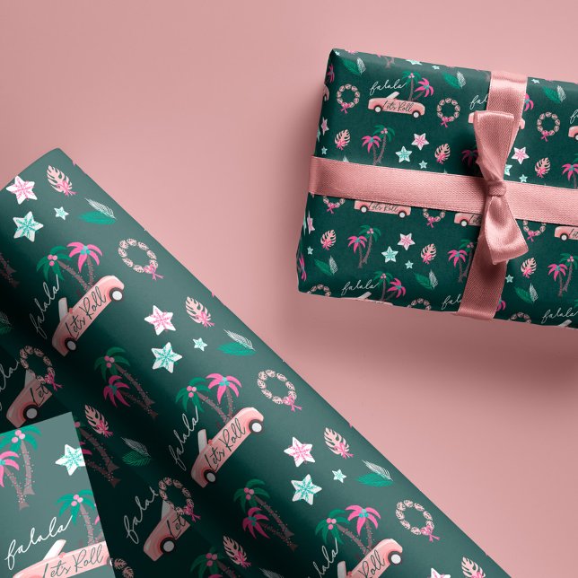 Papel De Presente Fala De Natal Tropical Deixa O Rosa Rolar Convertí (Tropical Christmas Fala Lets Roll Pink Convertible Wrapping Paper)