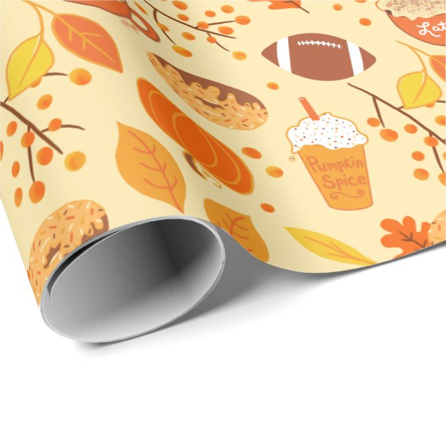 Papel De Presente Fall Deixa Futebol e Pumpkin Spice Patterno (Ponta do rolo)