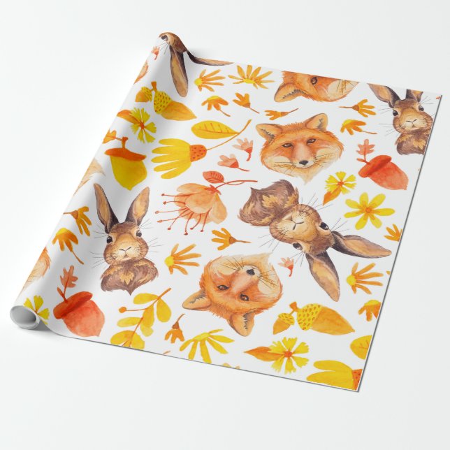 Papel De Presente Fall Leafs Foxes & Bunnies Pattern (Desenrolado)