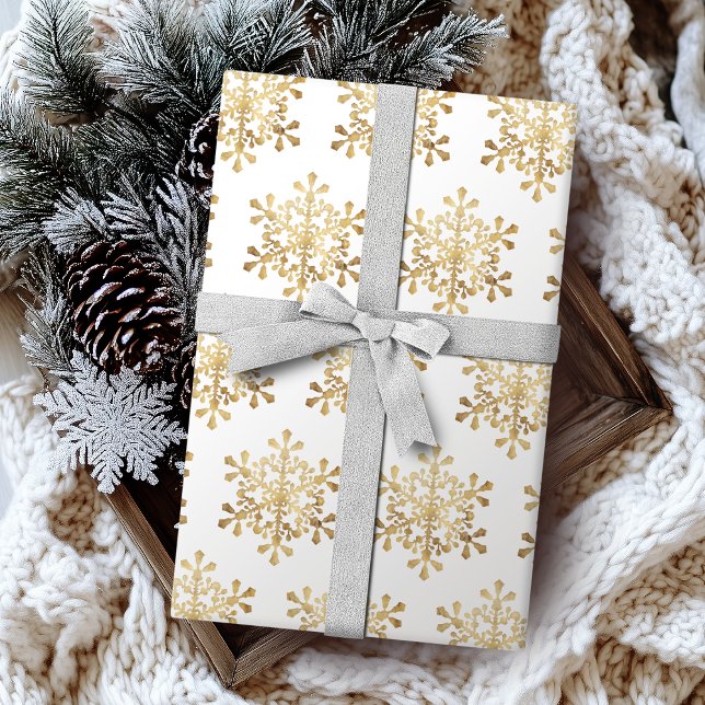 Papel De Presente Falso ouro com fenda de neve artística (Artistic snowflake faux gold Christmas Wrapping Paper)