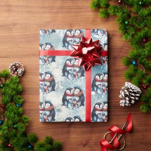 Papel De Presente Família de 4 Pinguins de Natal Illustra Aquarela