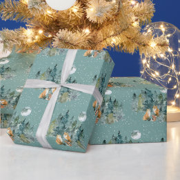 Papel De Presente Família de Raposas na Floresta Neve na Lua Cheia N