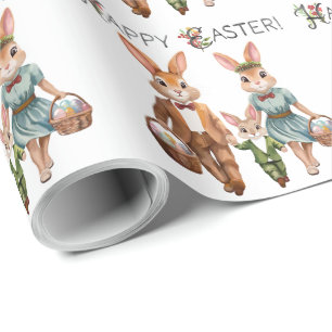 Papel De Presente Família do Coelho da Páscoa Caçando Ovos - Aquarel