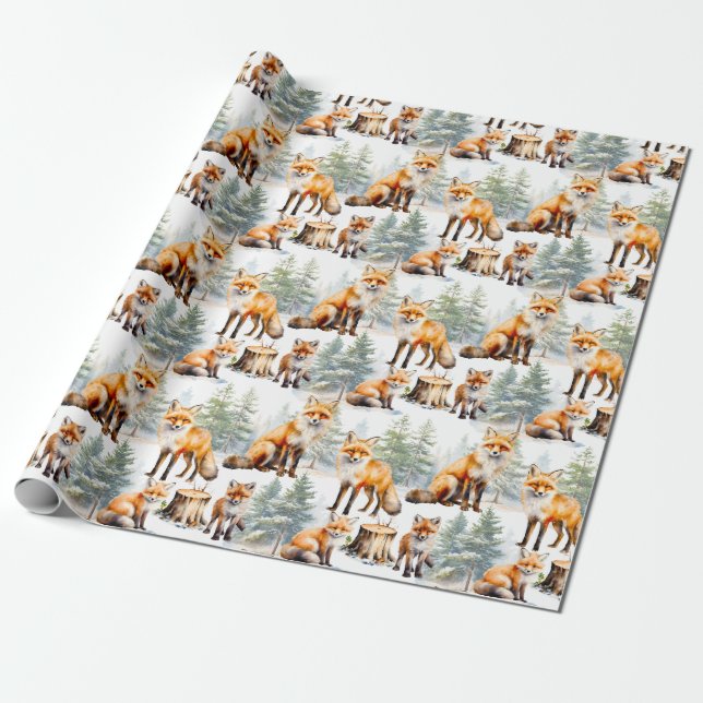 Papel De Presente Família Red Fox Na Floresta (Desenrolado)