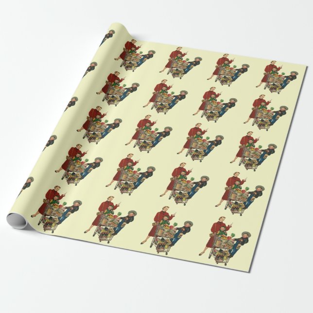 Papel De Presente Família Retro, Mãe e Crianças Carrinho de Compras  (Desenrolado)