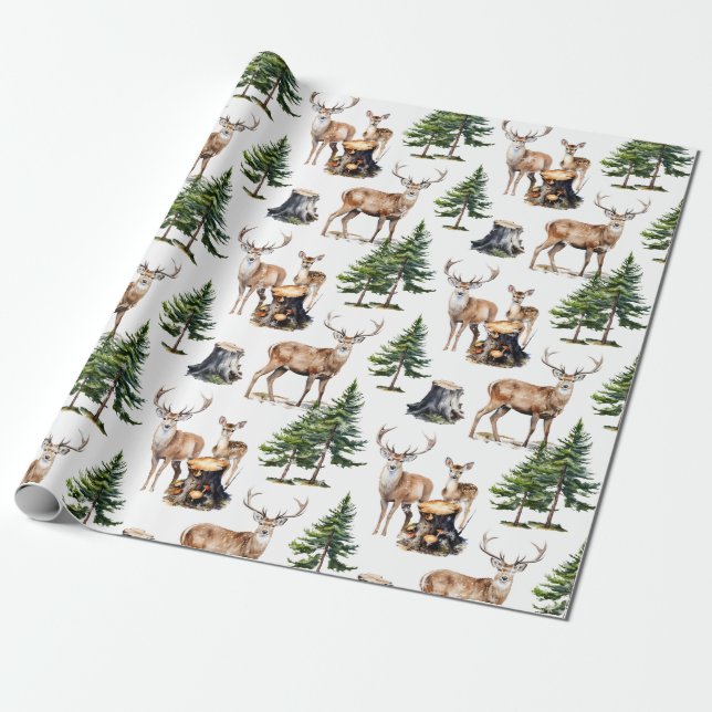 Papel De Presente Família Woodland Reindeer Forjando Pela Floresta (Desenrolado)