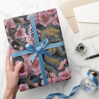 Papel De Presente Fantasia de Dragão Elegante e Flor de Cerejeira Ro