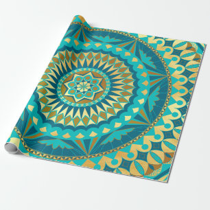 Papel De Presente Fantasia de Mandala Azul Dourado