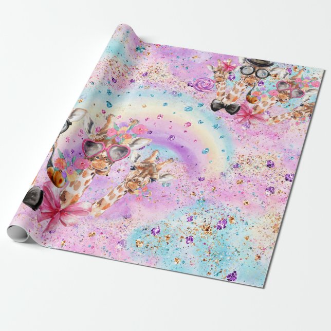 Papel De Presente Fantasia Engraçada Girafas nas Nuvens de Algodão D (Desenrolado)