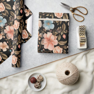 Papel De Presente Fantasia Floral Azul e Pêssego