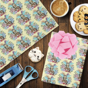 Papel De Presente Fantasia Floral de Gato Fada Tabby Pastel Capricho