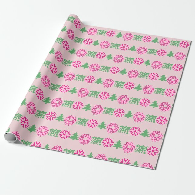 Papel De Presente Fantasioso Aro de Natal de Folhas de Azevinho Rosa (Desenrolado)