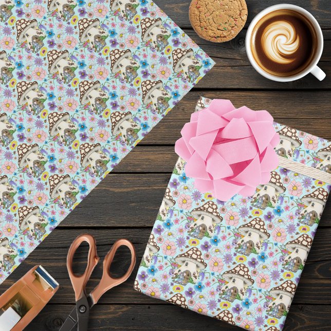Papel De Presente Fantasioso Rato Casa Cogumelo Floral Azul (Criador carregado)