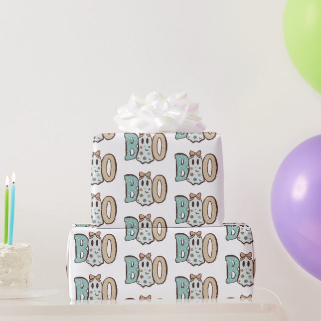 Papel De Presente Fantasma Boo Verde Laranja Fofo Branco Halloween (Presentes para festas)
