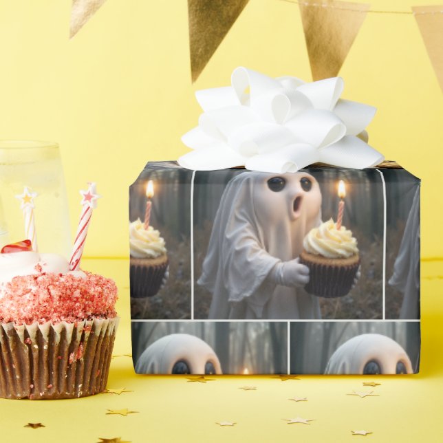 Papel De Presente Fantasma com Cupcake de aniversário (Festa de aniversário)