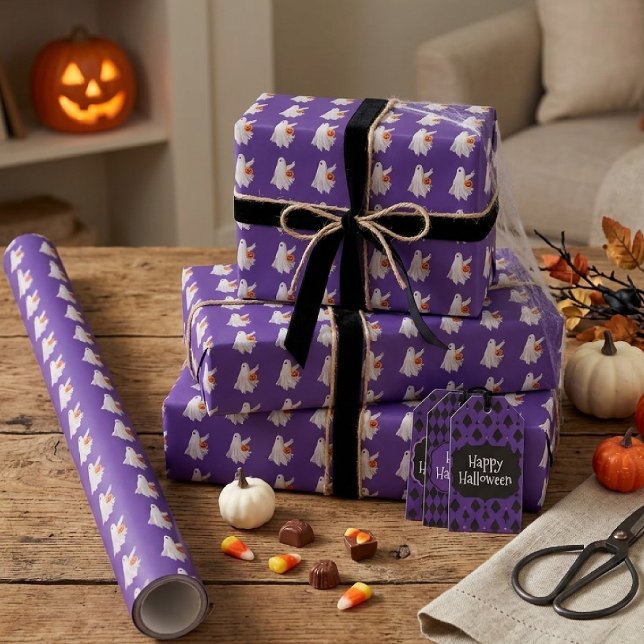 Papel De Presente Fantasma de Doce ou Travessura com Balde de Doces  (Criador carregado)