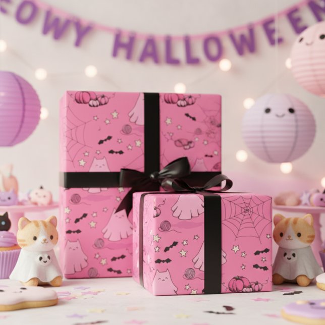 Papel De Presente Fantasma de Gato Gato Rosa e Cinza (Cute Pink Kitty Ghost Halloween Gift Wrap for Kids. Cat Ghost, Pumpkin, Yarn, Bats & Stars Pattern)