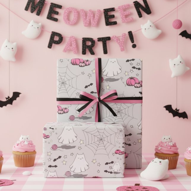 Papel De Presente Fantasma de Gato Gato Rosa e Cinza (Cute Kitten Ghost Halloween Wrapping Paper for Kids. Cat Ghosts, Pink Pumpkins, Bats, Stars & Webs.)
