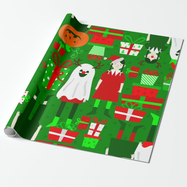 Papel De Presente Fantasma de Natal da menina gótico halloween (Desenrolado)