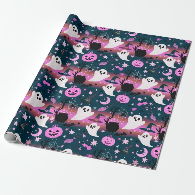 Papel De Presente Fantasma e Abóbora Rosa e Azul Padrão (Desenrolado)