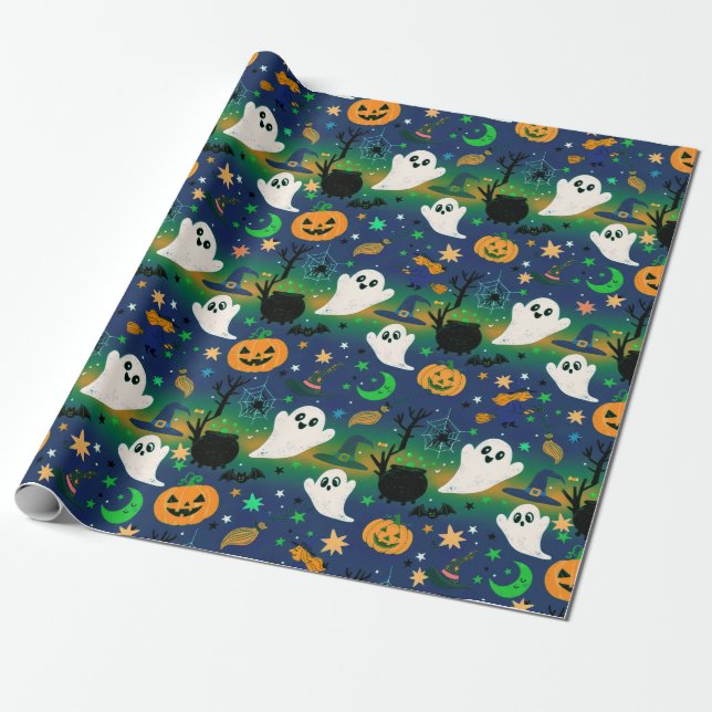 Papel De Presente Fantasma e Abóboras, Azul com Padrão Verde (Desenrolado)