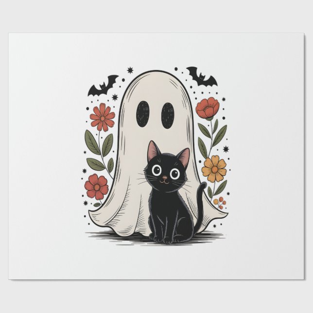 Papel De Presente Fantasma e Gato Fofo de Halloween (Aberto)
