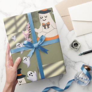 Papel De Presente Fantasma Fofo Meditando com Chapéu de Bruxa