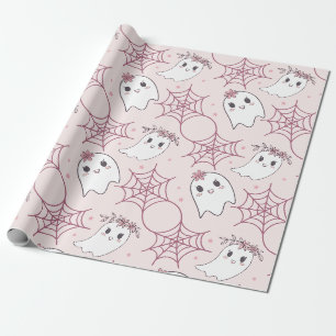 Papel De Presente Fantasma Rosa Pastel Padrão Halloween Kawaii