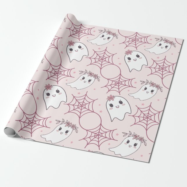 Papel De Presente Fantasma Rosa Pastel Padrão Halloween Kawaii (Desenrolado)