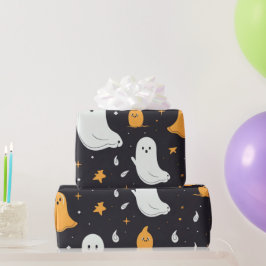 Papel De Presente Fantasmagóricos Brancos e Dourados Estrelas Preto 