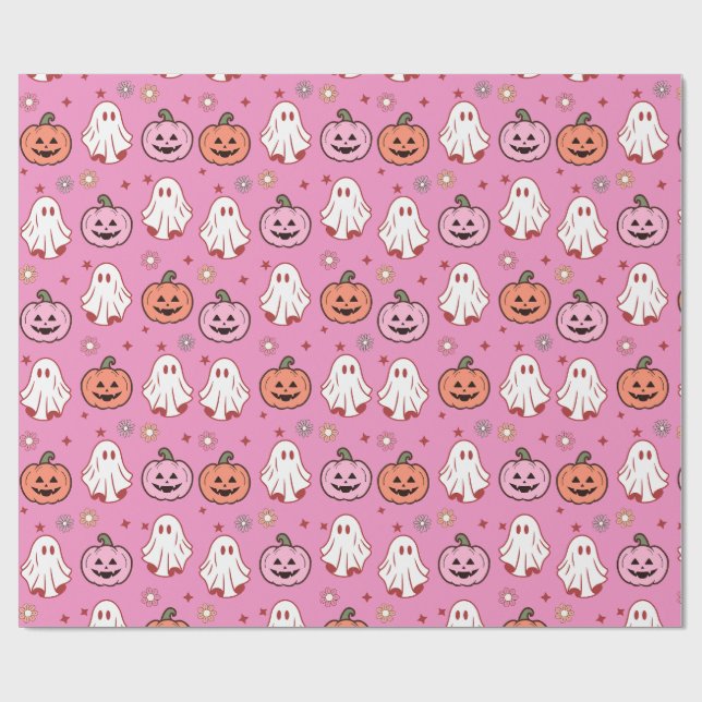 Papel De Presente Fantasmas Adoráveis do Halloween e Pumpkins Rosa (Aberto)