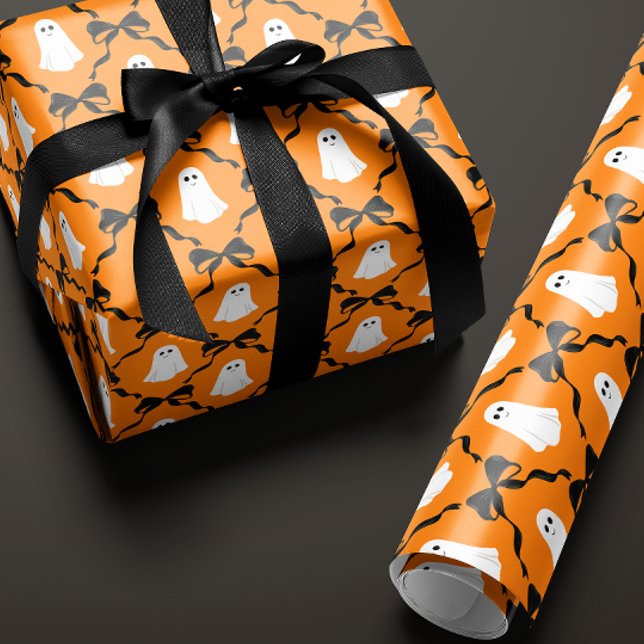 Papel De Presente Fantasmas bonitos e Arcos Pretos no Dia das Bruxas (orange Halloween gift wrapping paper with a cute smiling ghost and black bow diamonds)