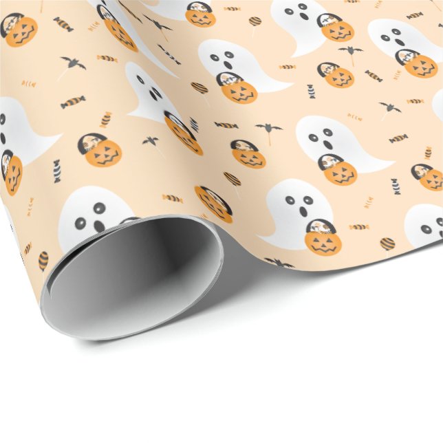 Papel De Presente Fantasmas Bonitos Trick Ou Tratando Padrão De Doce (Ponta do rolo)