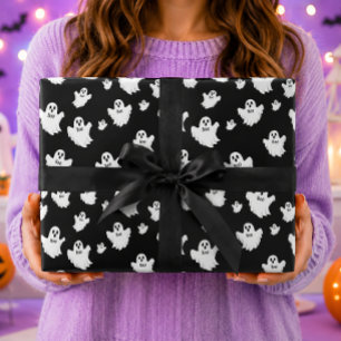 Papel De Presente Fantasmas Boo Preto Padrão Halloween