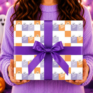 Papel De Presente Fantasmas Boo Roxo Laranja Xadrez