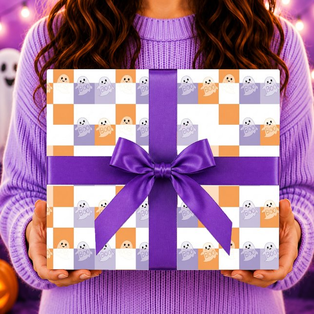 Papel De Presente Fantasmas Boo Roxo Laranja Xadrez (Criador carregado)