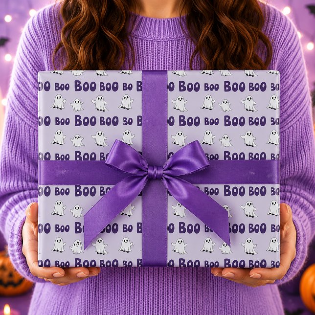 Papel De Presente Fantasmas Boo Roxo Padrão de Halloween (Criador carregado)