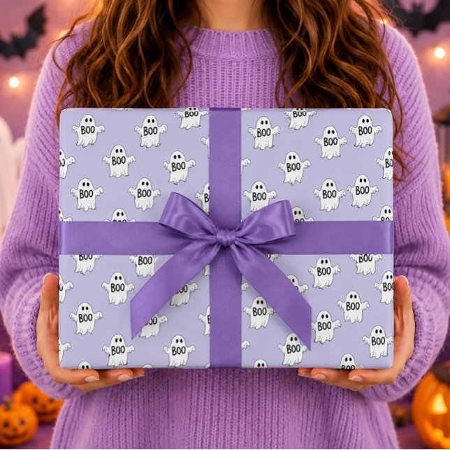 Papel De Presente Fantasmas Boo Roxo Padrão de Halloween (Criador carregado)