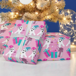 Papel De Presente Fantasmas de Chapéu de Papai Noel com Árvore de Na