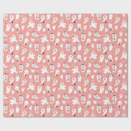 Papel De Presente Fantasmas fofos Halloween Rosa Branco Elegante
