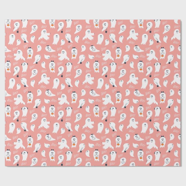 Papel De Presente Fantasmas fofos Halloween Rosa Branco Elegante (Aberto)
