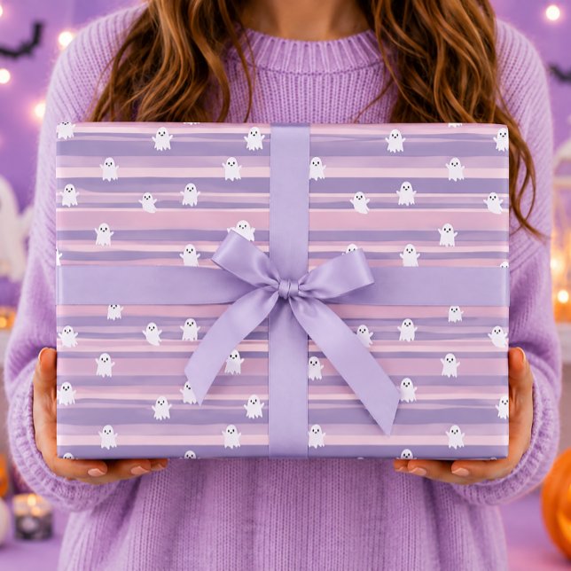 Papel De Presente Fantasmas Fofos Listra Rosa Roxo Halloween (Criador carregado)