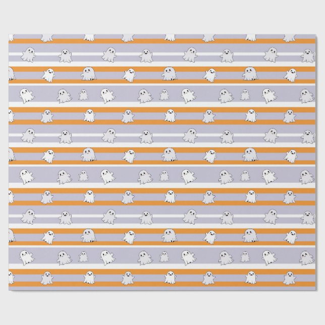 Papel De Presente Fantasmas Fofos Listras Laranja e Branco no Hallow (Aberto)