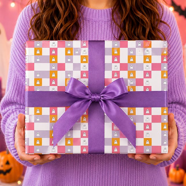 Papel De Presente Fantasmas Lindos Rosa Laranja Branco Halloween (Criador carregado)
